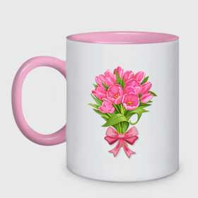 Кружка двухцветная с принтом Розовые тюльпаны , керамика | объем — 330 мл, диаметр — 80 мм. Цветная ручка и кайма сверху, в некоторых цветах — вся внутренняя часть | 