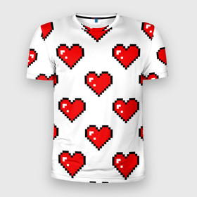 Мужская футболка 3D Slim с принтом Сердца в стиле пиксель арт в Санкт-Петербурге, 100% полиэстер с улучшенными характеристиками | приталенный силуэт, круглая горловина, широкие плечи, сужается к линии бедра | Тематика изображения на принте: 