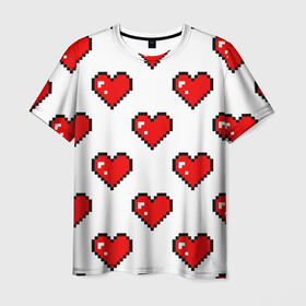 Мужская футболка 3D с принтом Сердца в стиле пиксель арт в Санкт-Петербурге, 100% полиэфир | прямой крой, круглый вырез горловины, длина до линии бедер | Тематика изображения на принте: 
