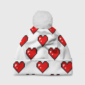 Шапка 3D c помпоном с принтом Сердца в стиле пиксель арт в Санкт-Петербурге, 100% полиэстер | универсальный размер, печать по всей поверхности изделия | Тематика изображения на принте: 
