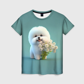 Женская футболка 3D с принтом Белая собака милаха , 100% полиэфир ( синтетическое хлопкоподобное полотно) | прямой крой, круглый вырез горловины, длина до линии бедер | 