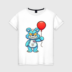 Женская футболка хлопок с принтом Медвежонок монстр держит воздушный шарик в Курске, 100% хлопок | прямой крой, круглый вырез горловины, длина до линии бедер, слегка спущенное плечо | 