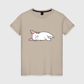 Женская футболка хлопок с принтом Lazy white cat в Тюмени, 100% хлопок | прямой крой, круглый вырез горловины, длина до линии бедер, слегка спущенное плечо | 