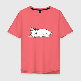 Мужская футболка хлопок Oversize с принтом Lazy white cat в Тюмени, 100% хлопок | свободный крой, круглый ворот, “спинка” длиннее передней части | 
