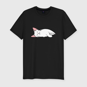 Мужская футболка хлопок Slim с принтом Lazy white cat в Тюмени, 92% хлопок, 8% лайкра | приталенный силуэт, круглый вырез ворота, длина до линии бедра, короткий рукав | Тематика изображения на принте: 