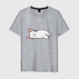 Мужская футболка хлопок с принтом Lazy white cat в Тюмени, 100% хлопок | прямой крой, круглый вырез горловины, длина до линии бедер, слегка спущенное плечо. | 