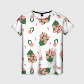 Женская футболка 3D с принтом Узор из букетов розовых тюльпанов в Тюмени, 100% полиэфир ( синтетическое хлопкоподобное полотно) | прямой крой, круглый вырез горловины, длина до линии бедер | 
