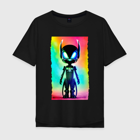 Мужская футболка хлопок Oversize с принтом Alien cub   neural network   neon glow в Курске, 100% хлопок | свободный крой, круглый ворот, “спинка” длиннее передней части | 