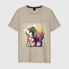 Мужская футболка хлопок с принтом Динозавр художник в Санкт-Петербурге, 100% хлопок | прямой крой, круглый вырез горловины, длина до линии бедер, слегка спущенное плечо. | 
