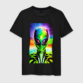 Мужская футболка хлопок с принтом Alien   neural network   neon glow   pop art в Курске, 100% хлопок | прямой крой, круглый вырез горловины, длина до линии бедер, слегка спущенное плечо. | 