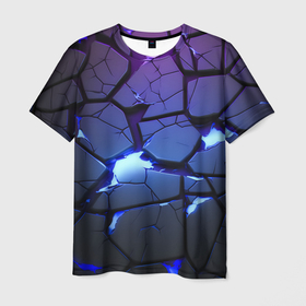 Мужская футболка 3D с принтом Неоновые трещины   голубая лава в Белгороде, 100% полиэфир | прямой крой, круглый вырез горловины, длина до линии бедер | Тематика изображения на принте: 