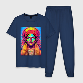Мужская пижама хлопок с принтом Индеец в стиле поп арт в Тюмени, 100% хлопок | брюки и футболка прямого кроя, без карманов, на брюках мягкая резинка на поясе и по низу штанин
 | 
