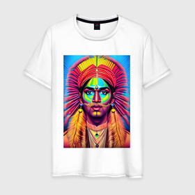 Мужская футболка хлопок с принтом Индеец в стиле поп арт в Курске, 100% хлопок | прямой крой, круглый вырез горловины, длина до линии бедер, слегка спущенное плечо. | 