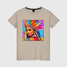 Женская футболка хлопок с принтом Индианка в стиле поп арт , 100% хлопок | прямой крой, круглый вырез горловины, длина до линии бедер, слегка спущенное плечо | 