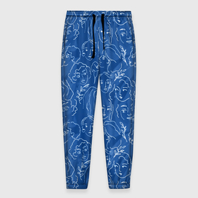 Мужские брюки 3D с принтом Женские лица на джинсовом синем в Новосибирске, 100% полиэстер | манжеты по низу, эластичный пояс регулируется шнурком, по бокам два кармана без застежек, внутренняя часть кармана из мелкой сетки | Тематика изображения на принте: 