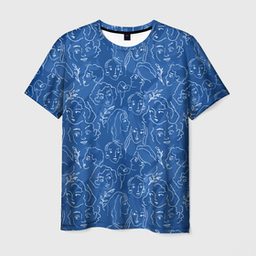 Мужская футболка 3D с принтом Женские лица на джинсовом синем , 100% полиэфир | прямой крой, круглый вырез горловины, длина до линии бедер | 