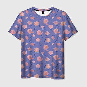Мужская футболка 3D с принтом Цветы магнолии на нежно лиловом в Санкт-Петербурге, 100% полиэфир | прямой крой, круглый вырез горловины, длина до линии бедер | 