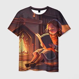Мужская футболка 3D с принтом Девушка читает книгу возле камина под пледом в Кировске, 100% полиэфир | прямой крой, круглый вырез горловины, длина до линии бедер | 