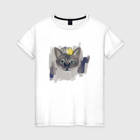 Женская футболка хлопок с принтом кот с короной в Петрозаводске, 100% хлопок | прямой крой, круглый вырез горловины, длина до линии бедер, слегка спущенное плечо | 