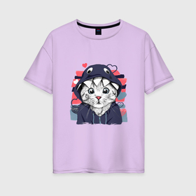 Женская футболка хлопок Oversize с принтом Очаровательный котенок в Новосибирске, 100% хлопок | свободный крой, круглый ворот, спущенный рукав, длина до линии бедер
 | 