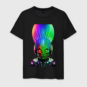 Мужская футболка хлопок с принтом Aggressive alien   neural network   neon glow в Курске, 100% хлопок | прямой крой, круглый вырез горловины, длина до линии бедер, слегка спущенное плечо. | 
