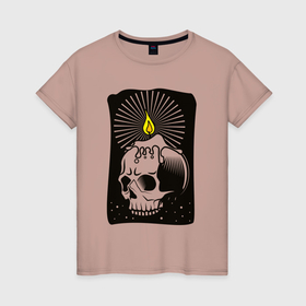 Женская футболка хлопок с принтом Тёмный череп свеча , 100% хлопок | прямой крой, круглый вырез горловины, длина до линии бедер, слегка спущенное плечо | 