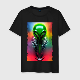 Мужская футболка хлопок с принтом Alien   neural network   art   neon glow в Курске, 100% хлопок | прямой крой, круглый вырез горловины, длина до линии бедер, слегка спущенное плечо. | 