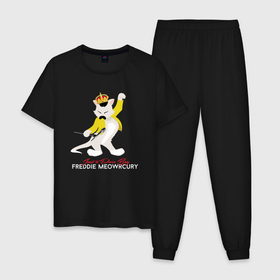 Мужская пижама хлопок с принтом Фредди Меркьюри кот в Новосибирске, 100% хлопок | брюки и футболка прямого кроя, без карманов, на брюках мягкая резинка на поясе и по низу штанин
 | Тематика изображения на принте: 