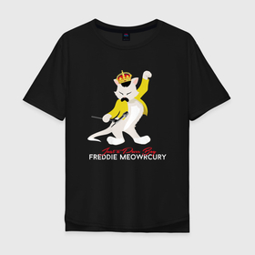 Мужская футболка хлопок Oversize с принтом Фредди Меркьюри кот в Новосибирске, 100% хлопок | свободный крой, круглый ворот, “спинка” длиннее передней части | 