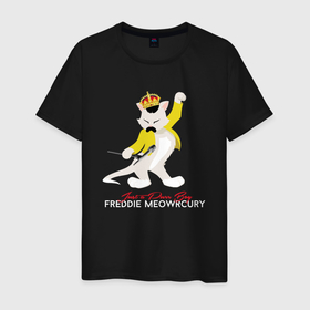 Мужская футболка хлопок с принтом Фредди Меркьюри кот в Новосибирске, 100% хлопок | прямой крой, круглый вырез горловины, длина до линии бедер, слегка спущенное плечо. | 