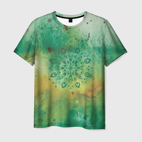 Мужская футболка 3D с принтом Мандала природы, зелёная, исцеление в Курске, 100% полиэфир | прямой крой, круглый вырез горловины, длина до линии бедер | 