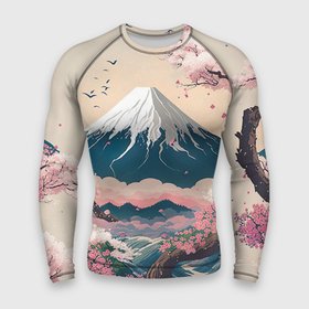 Мужской рашгард 3D с принтом Японский пейзаж: цветение сакуры у горы Фудзияма ,  |  | 