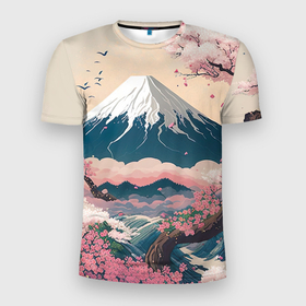 Мужская футболка 3D Slim с принтом Японский пейзаж: цветение сакуры у горы Фудзияма в Белгороде, 100% полиэстер с улучшенными характеристиками | приталенный силуэт, круглая горловина, широкие плечи, сужается к линии бедра | Тематика изображения на принте: 