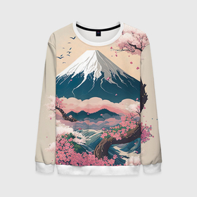 Мужской свитшот 3D с принтом Японский пейзаж: цветение сакуры у горы Фудзияма в Курске, 100% полиэстер с мягким внутренним слоем | круглый вырез горловины, мягкая резинка на манжетах и поясе, свободная посадка по фигуре | 