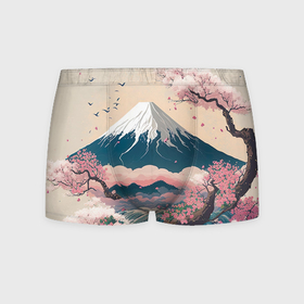 Мужские трусы 3D с принтом Японский пейзаж: цветение сакуры у горы Фудзияма в Тюмени, 50% хлопок, 50% полиэстер | классическая посадка, на поясе мягкая тканевая резинка | Тематика изображения на принте: 