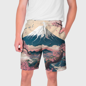 Мужские шорты 3D с принтом Японский пейзаж: цветение сакуры у горы Фудзияма в Курске,  полиэстер 100% | прямой крой, два кармана без застежек по бокам. Мягкая трикотажная резинка на поясе, внутри которой широкие завязки. Длина чуть выше колен | 