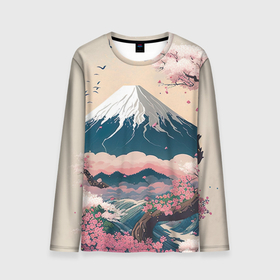 Мужской лонгслив 3D с принтом Японский пейзаж: цветение сакуры у горы Фудзияма , 100% полиэстер | длинные рукава, круглый вырез горловины, полуприлегающий силуэт | 