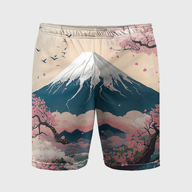 Мужские шорты спортивные с принтом Японский пейзаж: цветение сакуры у горы Фудзияма в Курске,  |  | 