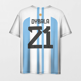 Мужская футболка 3D с принтом Дибала форма сборной Аргентины домашняя в Екатеринбурге, 100% полиэфир | прямой крой, круглый вырез горловины, длина до линии бедер | 