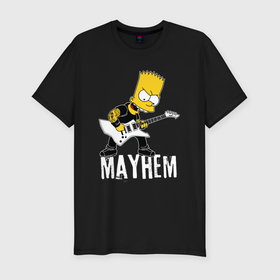Мужская футболка хлопок Slim с принтом Mayhem Барт Симпсон рокер в Петрозаводске, 92% хлопок, 8% лайкра | приталенный силуэт, круглый вырез ворота, длина до линии бедра, короткий рукав | 