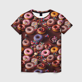 Женская футболка 3D с принтом Сладкие пончики   паттерн в Петрозаводске, 100% полиэфир ( синтетическое хлопкоподобное полотно) | прямой крой, круглый вырез горловины, длина до линии бедер | Тематика изображения на принте: 