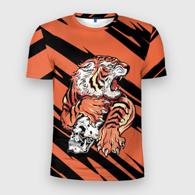 Мужская футболка 3D Slim с принтом Angry tiger   Japanese style в Курске, 100% полиэстер с улучшенными характеристиками | приталенный силуэт, круглая горловина, широкие плечи, сужается к линии бедра | 