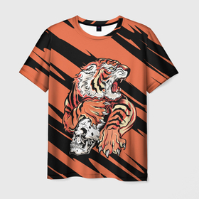 Мужская футболка 3D с принтом Angry tiger   Japanese style в Курске, 100% полиэфир | прямой крой, круглый вырез горловины, длина до линии бедер | Тематика изображения на принте: 