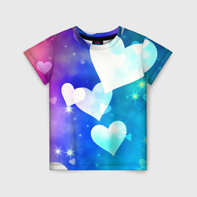 Детская футболка 3D с принтом Dreamy Hearts Multicolor в Санкт-Петербурге, 100% гипоаллергенный полиэфир | прямой крой, круглый вырез горловины, длина до линии бедер, чуть спущенное плечо, ткань немного тянется | Тематика изображения на принте: 