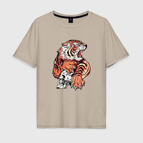 Мужская футболка хлопок Oversize с принтом Свирепый японский тигр в Тюмени, 100% хлопок | свободный крой, круглый ворот, “спинка” длиннее передней части | 