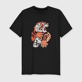 Мужская футболка хлопок Slim с принтом Свирепый японский тигр в Новосибирске, 92% хлопок, 8% лайкра | приталенный силуэт, круглый вырез ворота, длина до линии бедра, короткий рукав | 