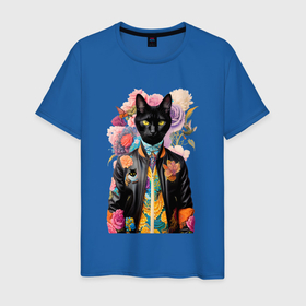Мужская футболка хлопок с принтом Чёрный кот модник   нейросеть в Екатеринбурге, 100% хлопок | прямой крой, круглый вырез горловины, длина до линии бедер, слегка спущенное плечо. | 