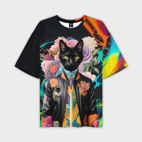 Мужская футболка oversize 3D с принтом Модный чёрный кот   нейросеть ,  |  | Тематика изображения на принте: 