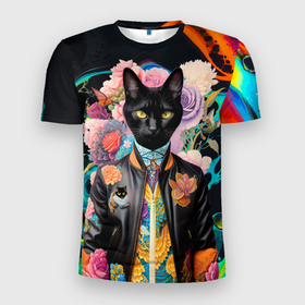Мужская футболка 3D Slim с принтом Модный чёрный кот   нейросеть в Кировске, 100% полиэстер с улучшенными характеристиками | приталенный силуэт, круглая горловина, широкие плечи, сужается к линии бедра | Тематика изображения на принте: 