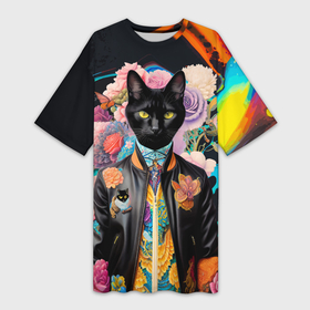 Платье-футболка 3D с принтом Модный чёрный кот   нейросеть   мода в Кировске,  |  | 